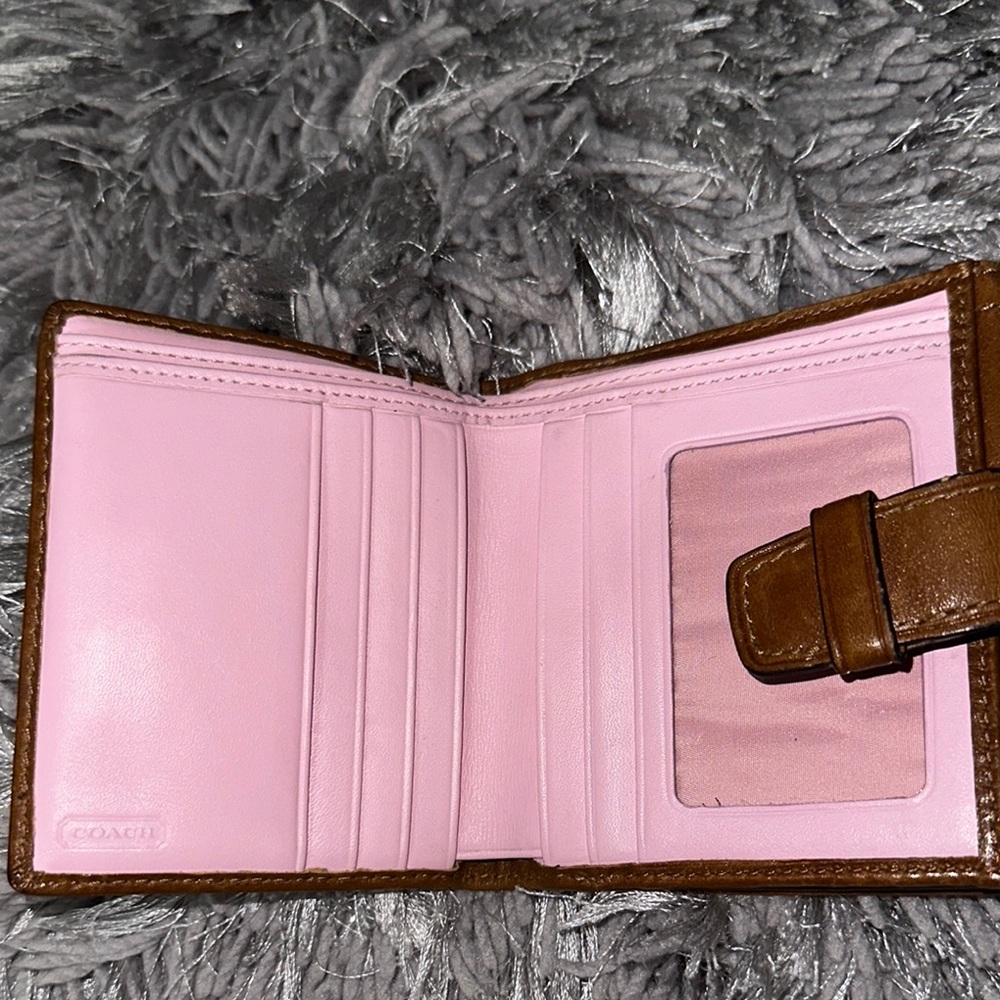 Coach Brown tan Leather Wallet with Buckle pink interior double bifold cute 🥰 - Picture 3 of 12